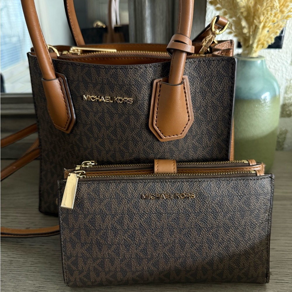 Michael Kors Brown and Tan Crossbody Bag with Signature Monogram